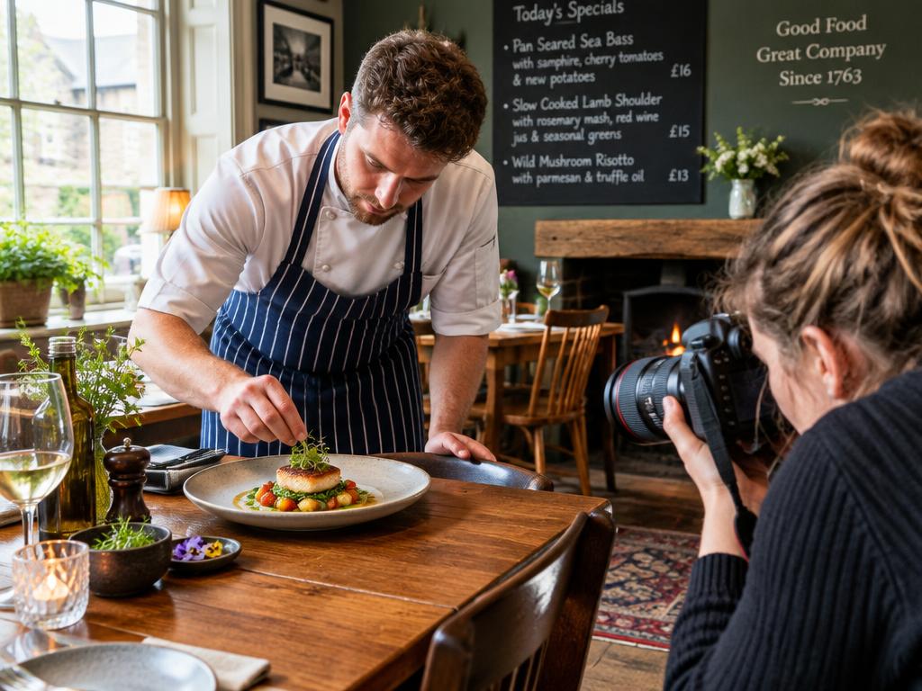 A chef plating a dish while a photographer takes pictures